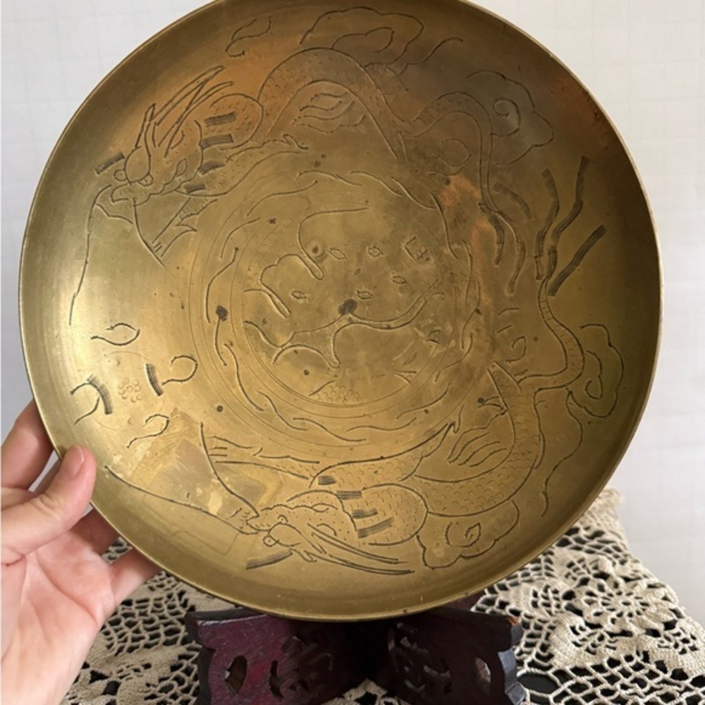 Vintage Brass Dragon Plate with Carved Wooden Stand